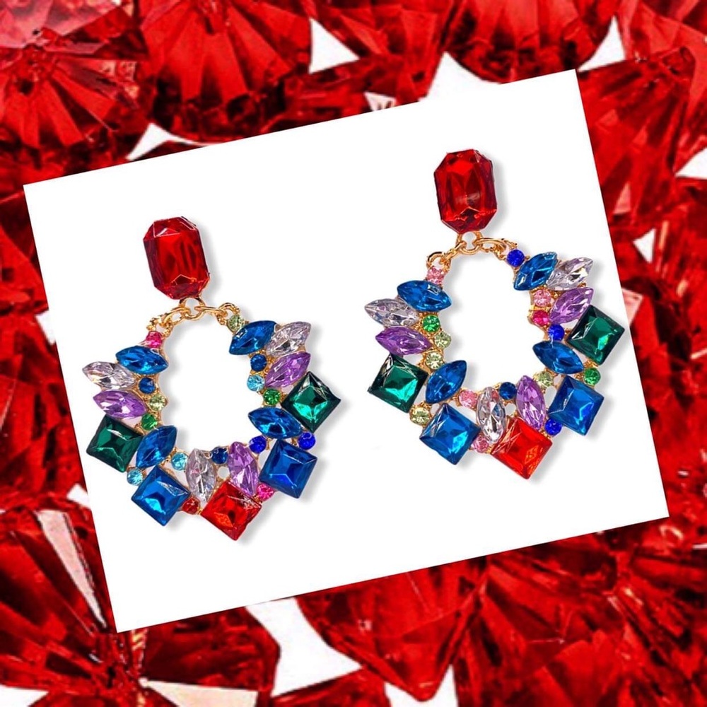 New Red Blue Colorful Rhinestone Post Statement Earring - Picture 6 of 6